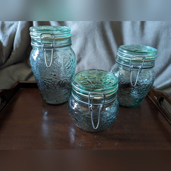 VTG. Libby Glass Embossed Flip Top Canisters with Ring Canada Set of 3 - Picture 10 of 10